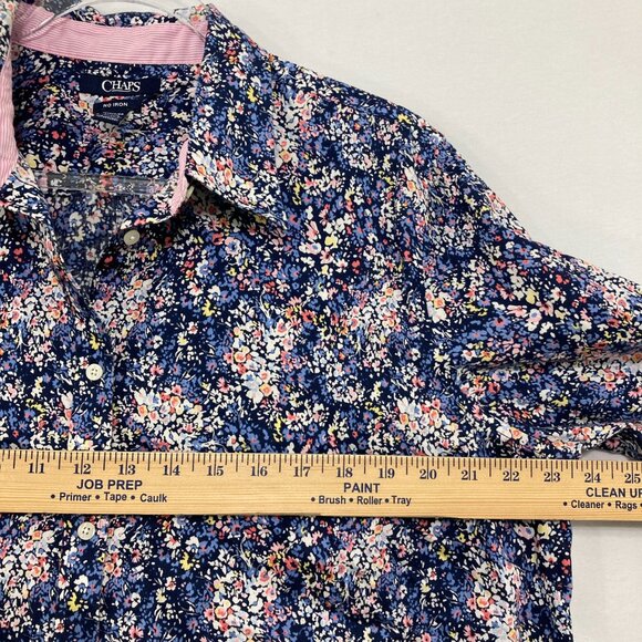 Chaps size 1X Navy Ditsy Floral No Iron 3/4 Sleeve Button Down Preppy Office - Picture 7 of 11